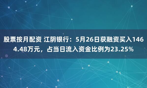 股票按月配资 江阴银行：5月26日获融资买入1464.48万元，占当日流入资金比例为23.25%